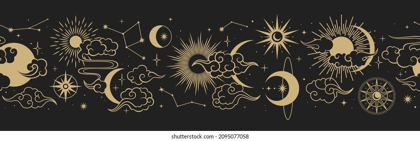 Magic seamless vector border with moons, clouds, stars and suns. Chinese gold decorative ornament. Graphic pattern for astrology, esoteric, tarot, mystic and magic. 
