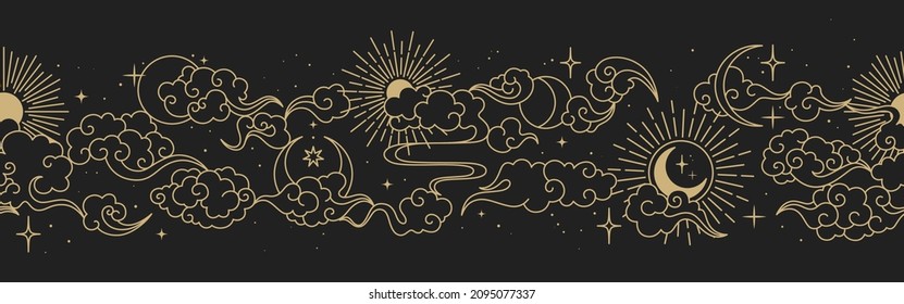 Magic Seamless Vector Border With Moons, Clouds, Stars And Suns. Chinese Gold Decorative Ornament. Graphic Pattern For Astrology, Esoteric, Tarot, Mystic And Magic. 