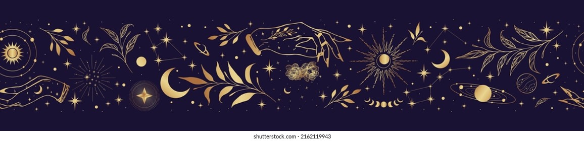 Magnífico borde vectorial sin fisuras con lunas, hierbas, estrellas y soles. Ornamento decorativo de oro. Patrón gráfico para astrología, esotérico, tarot, místico y mágico. 