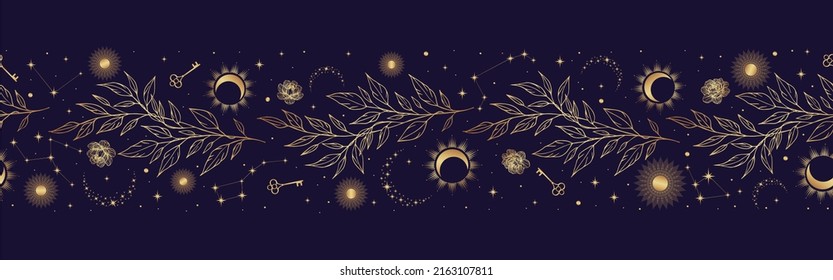 Magnífico borde vectorial sin fisuras con lunas, hierbas, estrellas y soles. Ornamento decorativo de oro. Patrón gráfico para astrología, esotérico, tarot, místico y mágico. 