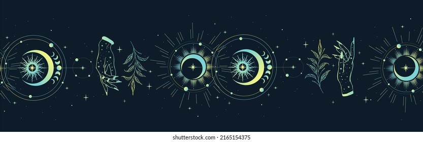 Magic seamless vector border with moons, herbs, stars and suns. Green decorative ornament. Graphic pattern for astrology, esoteric, tarot, mystic and magic.
