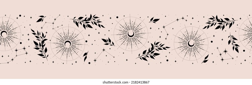 Magic seamless vector border with moons, herbs, stars and suns. Light decorative ornament. Graphic pattern for astrology, esoteric, tarot, mystic and magic.