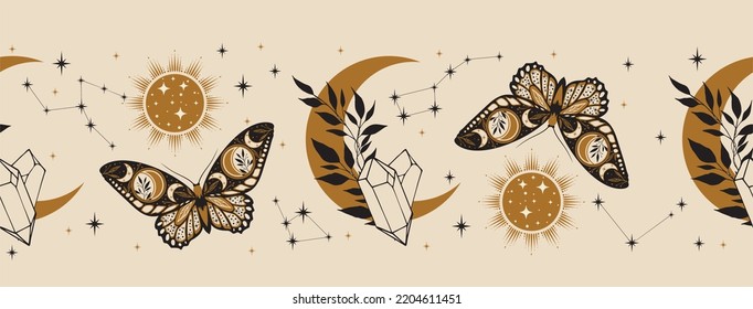 Magic Seamless Vector Border With Moons, Butterflies, Stars And Crystals. Decorative Ornament. Graphic Pattern For Astrology, Esoteric, Tarot, Mystic And Magic. 