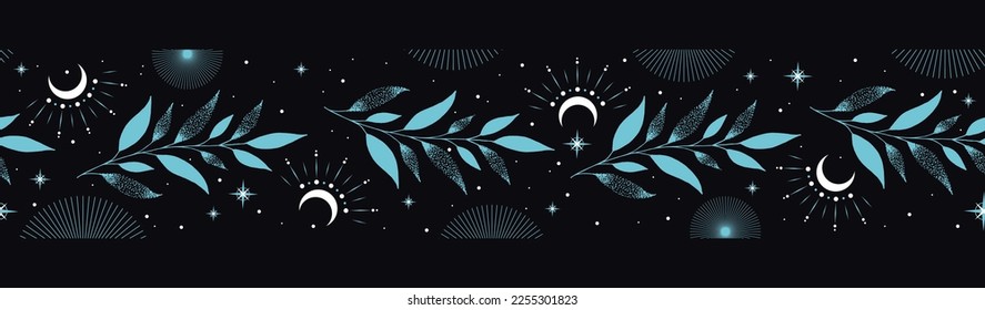 Magic seamless vector border with moons, herbs, stars and suns. Blue decorative ornament. Graphic pattern for astrology, esoteric, tarot, mystic and magic. 