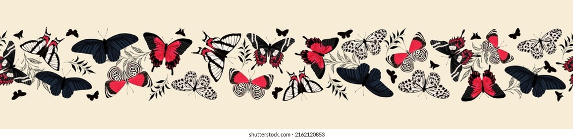 Magic seamless vector border with red butterflies. Graphic pattern for astrology, esoteric, tarot, mystic and magic. 