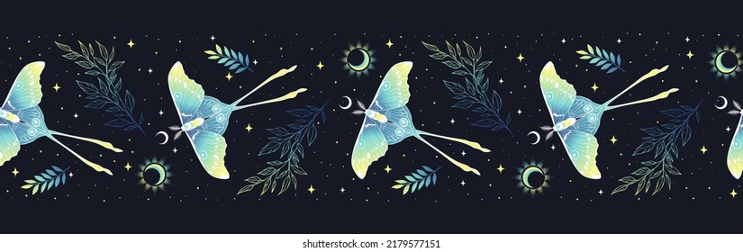 Magic seamless vector border with sun, herbs, stars and butterflies. Green decorative ornament. Graphic pattern for astrology, esoteric, tarot, mystic and magic. 