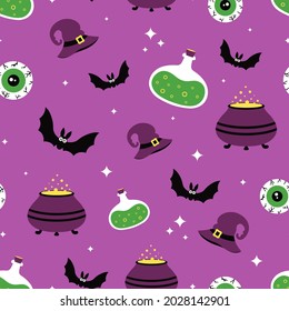 magic seamless vector pattern, collection halloween elements magic cauldron, hat, bat, potions, eye, purple mystical pattern