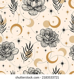 Magic Seamless Vector Pattern With Flowers, Constellations, Moons And Stars. Boho Pattern For Astrology, Esoteric, Tarot, Mystic And Magic. 