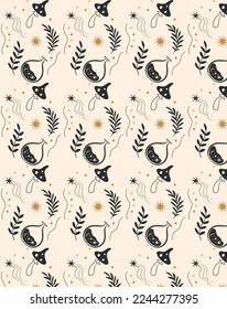 Magic seamless vector pattern with flowers, constellations, moons and stars. Boho pattern for astrology, esoteric, tarot, mystic and magic.