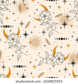 Magic seamless vector pattern with flowers, constellations, moons and stars. Boho pattern for astrology, esoteric, tarot, mystic and magic. 