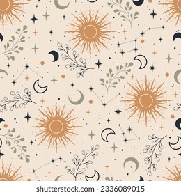 Magic seamless vector pattern with herbs, constellations, moons and stars. Boho pattern for astrology, esoteric, tarot, mystic and magic. 