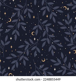 Magic seamless vector pattern with plants and stars. Boho pattern for astrology, textiles, wrapping paper, design.