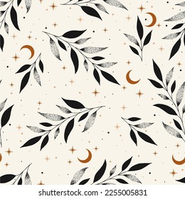 Magic seamless vector pattern with plants, stars, crescent. Boho pattern for astrology, textiles, wrapping paper, design.