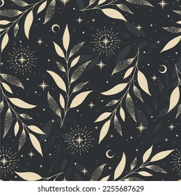 Magic seamless vector pattern with plants and stars. Boho pattern for astrology, textiles, wrapping paper, design.