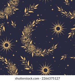 Magic seamless vector pattern with plants and crescents Boho pattern for astrology, textiles, wrapping paper, design.