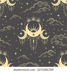 Magic seamless vector pattern with plants and crescents. Boho pattern for astrology, textiles, wrapping paper, design.