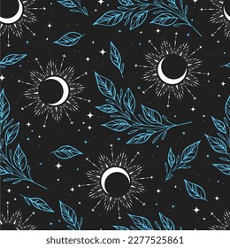 Magic seamless vector pattern with plants, stars, crescent. Boho pattern for astrology, textiles, wrapping paper, design.