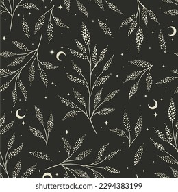 Magic seamless vector pattern with plants and stars. Boho pattern for astrology, textiles, wrapping paper, design.