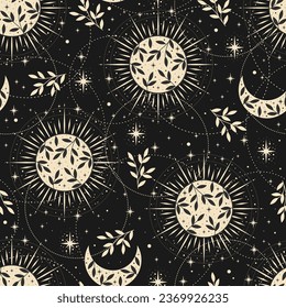 Magic seamless vector pattern with plants and stars. Boho pattern for astrology, textiles, wrapping paper, design.