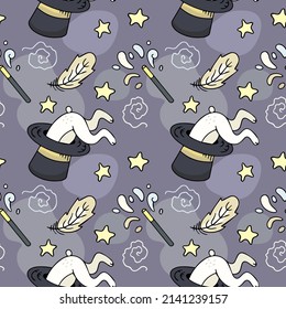 Magic seamless vector pattern, rabbit in a hat, magic wand, stars and feather, hand-drawn