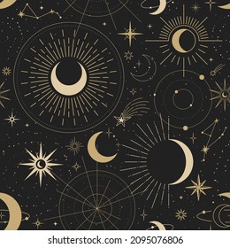 Magic seamless vector pattern with sun, constellations, moons and stars. Gold decorative ornament. Graphic pattern for astrology, esoteric, tarot, mystic and magic. Luxury elegant design.