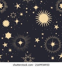 Magic seamless vector pattern with sun, constellations, moons and stars. Gold decorative ornament. Graphic pattern for astrology, esoteric, tarot, mystic and magic. Luxury elegant design.