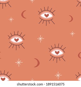 Magic seeing eye vector seamless pattern Boho occult magical eyesight moon star background Doodle simple drawing terracotta design