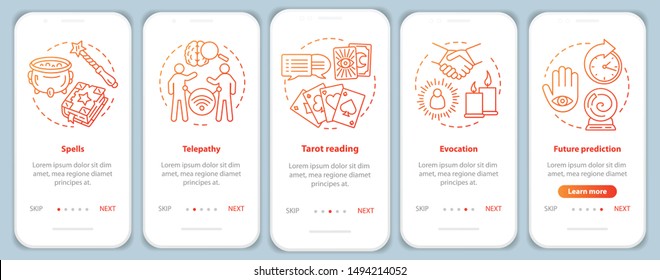 Magic services onboarding mobile app page screen vector template. Telepathy, tarot reading walkthrough website steps with linear illustrations. UX, UI, GUI smartphone interface concept
