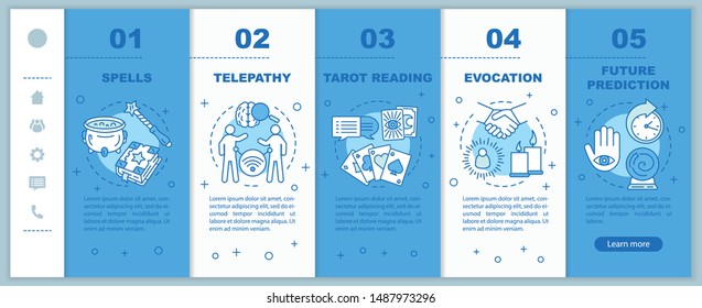 Magic services onboarding mobile web pages vector template. Fortune telling responsive smartphone website interface idea with linear illustrations. Webpage walkthrough step screens. Color concept 