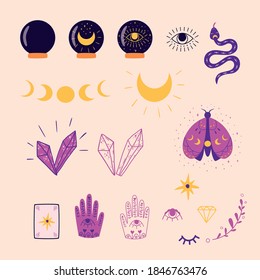 Juego mágico. Conjunto de alquimia. Conjunto místico Elementos brujos bruja Doodle símbolos misteriosos Vector