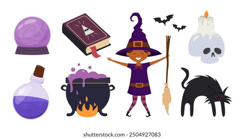 Magic set with beautiful witch girl and mystical items. Witchcraft. Halloween vector elements collection, witch, cat, magic book, cauldron, broom magic potion, skull candle, magic ball.