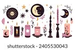 Magic set of candles and candles in candlesticks isolate on a white background. Vector graphics.