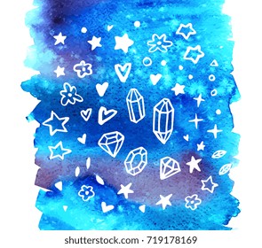 Magic set collection. Watercolor background. Brush painting. Vector artwork. Wonderland banner. Blue, purple colors, colorful. Hand drawn doodle