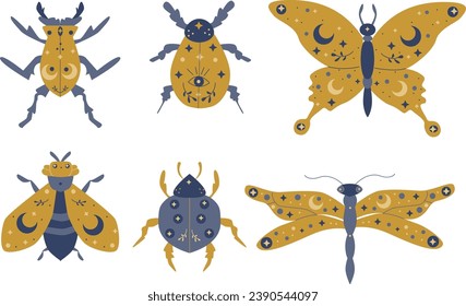magic set of cosmic insects with moon and stars