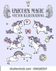 Magic set of cute doodle unicorns, vector illustration