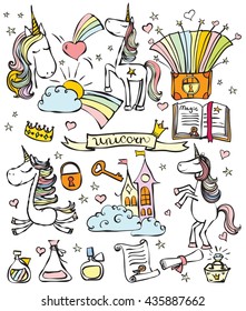 Magic set with cute unicorn and  things