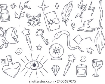 Magic set doodle sketch style. Ritual attributes and elements of witchcraft handdrawn ink clip art. Magic eye, hat, broom, spell book, magic wand, cat head, potion, elixir and others, isolated vector
