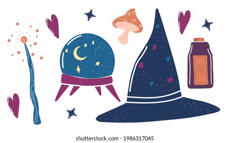 magic set, halloween collection, minimalistic design, halloween party set, witch's cauldron, hat, magic wand, mushroom, potion, magic icons, evil eye amulet, vector graphics, freehand drawings