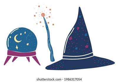 magic set, halloween collection, minimalistic design, halloween party set, witch's cauldron, hat, magic wand, mushroom, potion, magic icons, evil eye amulet, vector graphics, freehand drawings