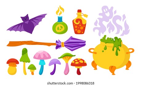 Magic set Halloween flat cartoon, witch elements. Hag cauldron, bat, toxic mushroom, wizard broom, potion poison bottle. Party comic horror witchcraft esoteric alchemy elements. Vector illustration