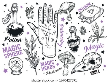 Magic Set. Hand Drawn Occult Collection Sketch Vector Illustration Isolated On White Background.