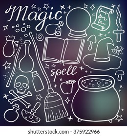 Magic set. Hand-drawn cartoon collection of witch attributes - potion, hat, book, spell, skeleton. Doodle drawing. Vector illustration