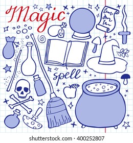 Magic set. Hand-drawn cartoon collection of witch attributes - broom, cauldron, potion, hat, book, spell, skeleton. Doodle pen drawing on the notebook page. Vector illustration