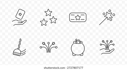 Magisches Set-Symbol. Hand mit Karte, drei Sternen, Ticket, Zauberstab, Besen, Feuerwerk, Kessel, funkelnde Handgeste, alle mit sauberen Linien und Fantasy-Elemente gestylt.