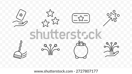 Magic set icon. Hand with card, three stars, ticket, magic wand, broom, fireworks, cauldron, sparkling hand gesture, all styled with clean lines and fantasy elements.
