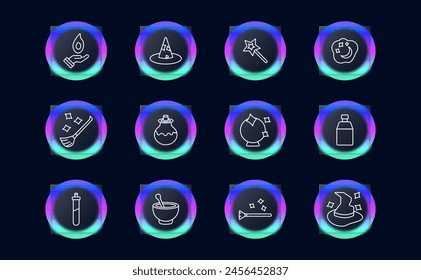 Magic set icon. Tricks, fireball, wizard hat, magic wand, dreams, cloud, moon and stars, enchantments, fortune telling ball, magic broom, flying cane, hat come to life, glassmorphism. Focus concept.