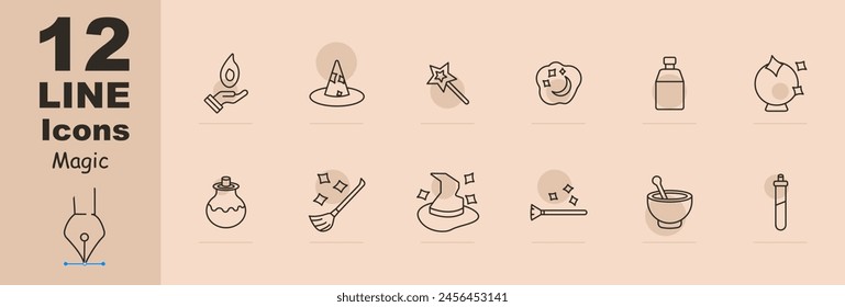 Magic set icon. Tricks, fireball, wizard hat, magic wand, dreams, cloud, moon and stars, enchantments, fortune telling ball, magic broom, flying cane, hat come to life, spice grinder. Focus concept.