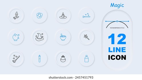 Magic set icon. Tricks, fireball, wizard hat, magic wand, dreams, cloud, moon and stars, enchantments, fortune telling ball, magic broom, flying cane, hat come to life, neomorphism. Focus concept.