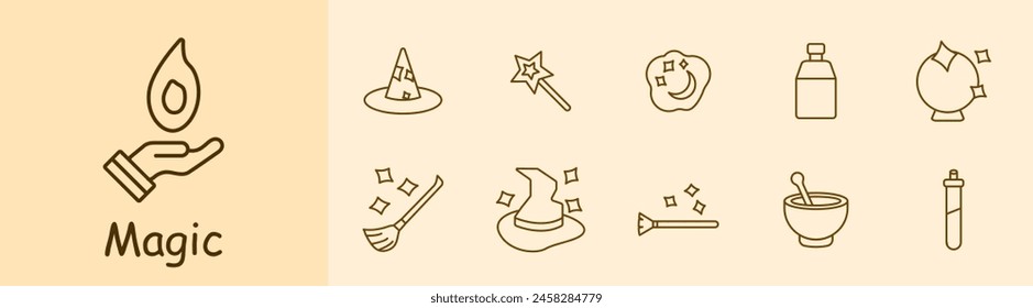 Magic set icon. Tricks, fireball, wizard s hat, magic wand, dreams, cloud, moon and stars, fortune telling ball, magic broom, flying cane, hat come to life, spice grinder. Focus concept.