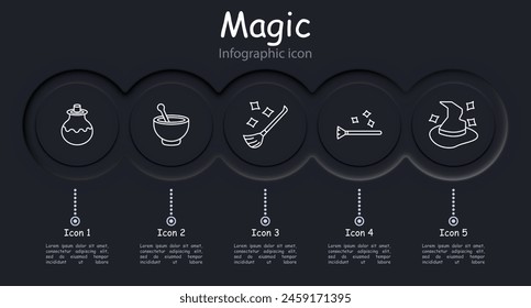 Magic set icon. Tricks, fireball, wizard hat, magic wand, dreams, cloud, moon and stars, infographic, magic broom, flying cane, hat come to life, spice grinder, neomorphism. Focus concept.